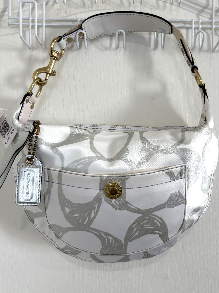 New Vintage Coach Metallic Scribble Small Hobo Bag Sateen Handbag White & Silver